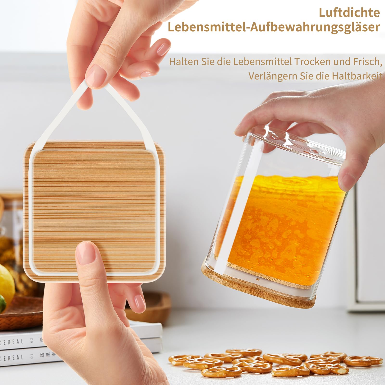 MESNEY Vorratsdosen aus Glas mit Bambusdeckel, 1600 ml, luftdicht, stapelbar, für Küche und Speisekammer, umweltfreundlich, transparent, für trockene Lebensmittel, Kaffee, Nudeln, Snacks und mehr, 6