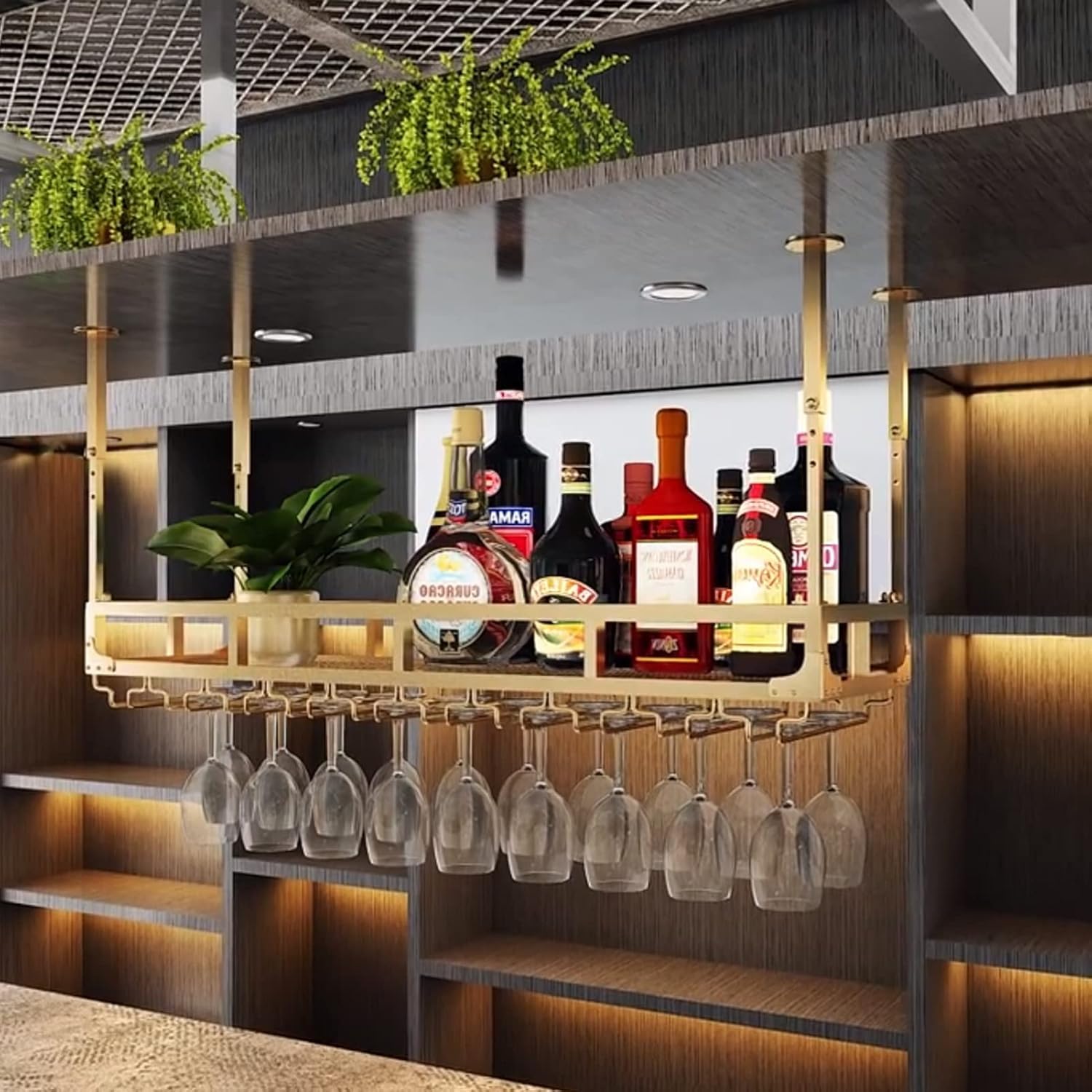 Étagère de stockage de vin murale en métal doré au design flottant haut de gamme