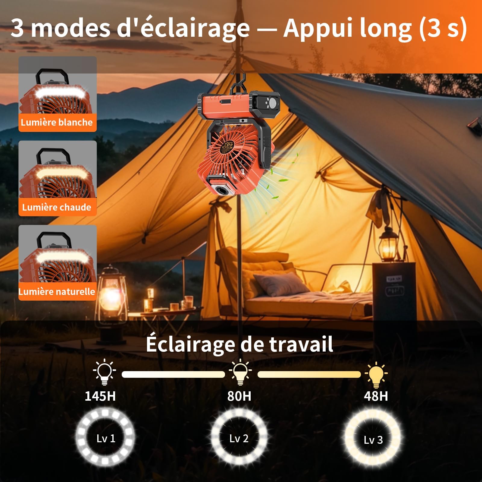 Ventilateur Camping Silencieux avec Lumière, Ventilateur Sans Fil Portable, Mist Fan Batterie Rechargeable 20000mAh avec Rotation et Minuterie, Crochet de Suspension pour Car Extérieur Bureau - Orange | Mist Fan Batterie Rechargeable 20003mAh avec Rotatio