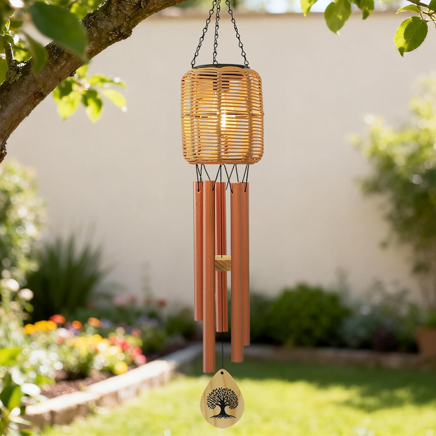 Solar Wind Chimes with Rattan Lantern Outside Lighted Wind Chime for Garden, Patio, Yard – Decor for Festivals/Birthday/Christmas, fot Women Men Home Garden Patio Decor