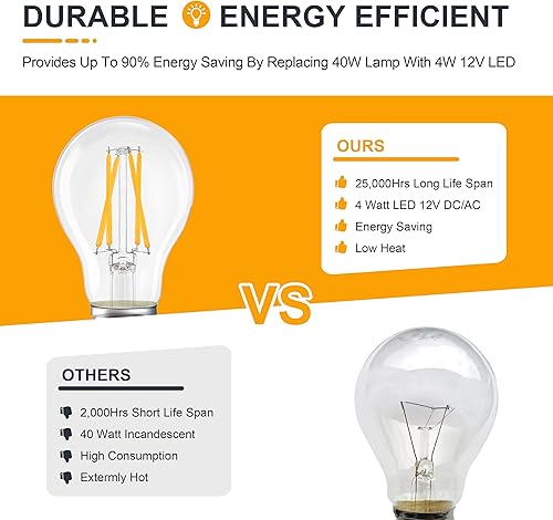 Miniatura 4 de Paquete de 2 bombillas LED de 12 voltios A19 de bajo voltaje Edison de 4 W 400 lm E26 2700 K blanco cálido, 40 vatios equivalente a incandescente RV