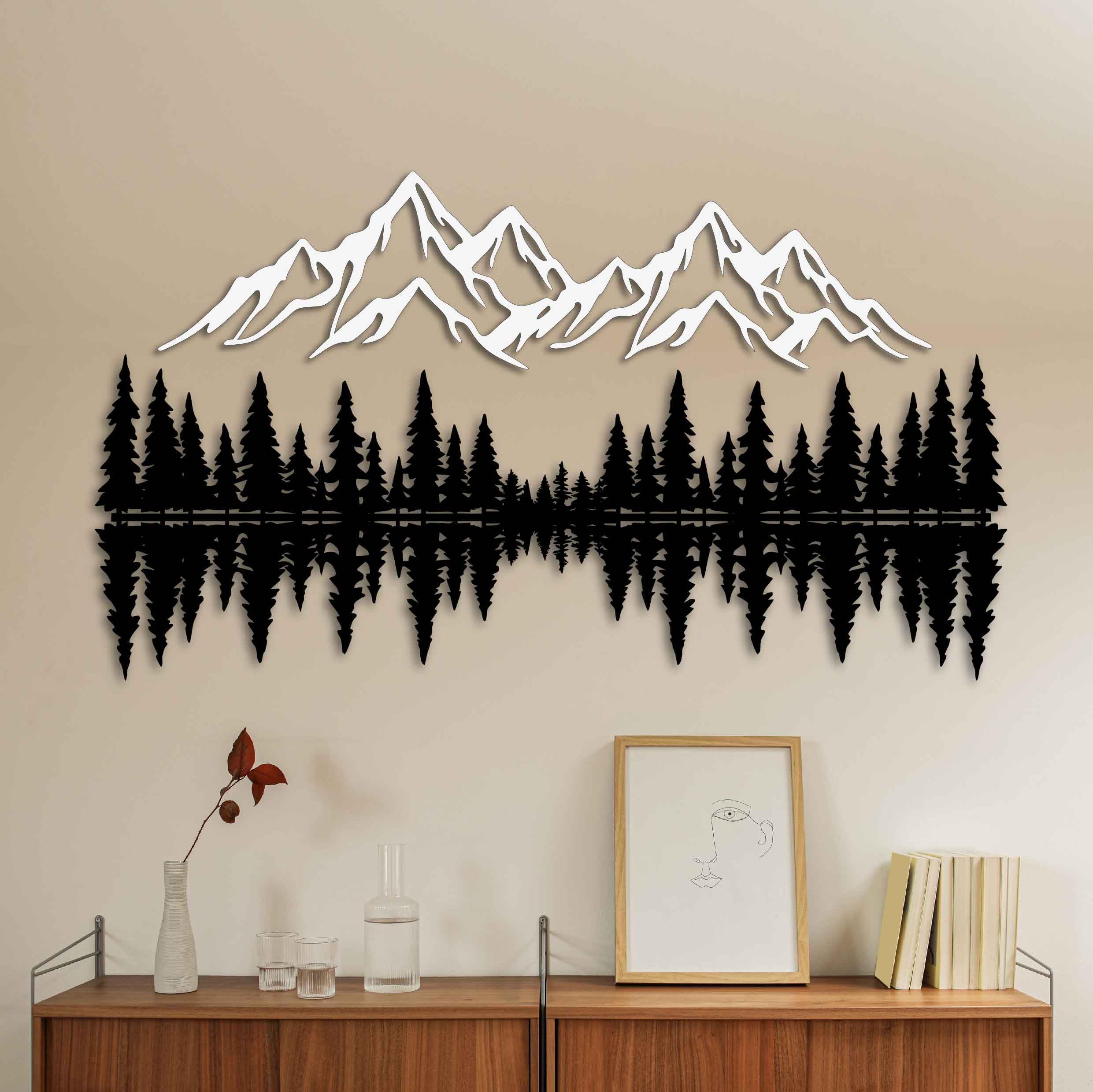 Decoración de pared de metal de montaña y bosque, escultura de pared de metal grande para sala de estar, arte de pared de paisaje, decoración de pared de pino, escena rústica de montaña, colgante de