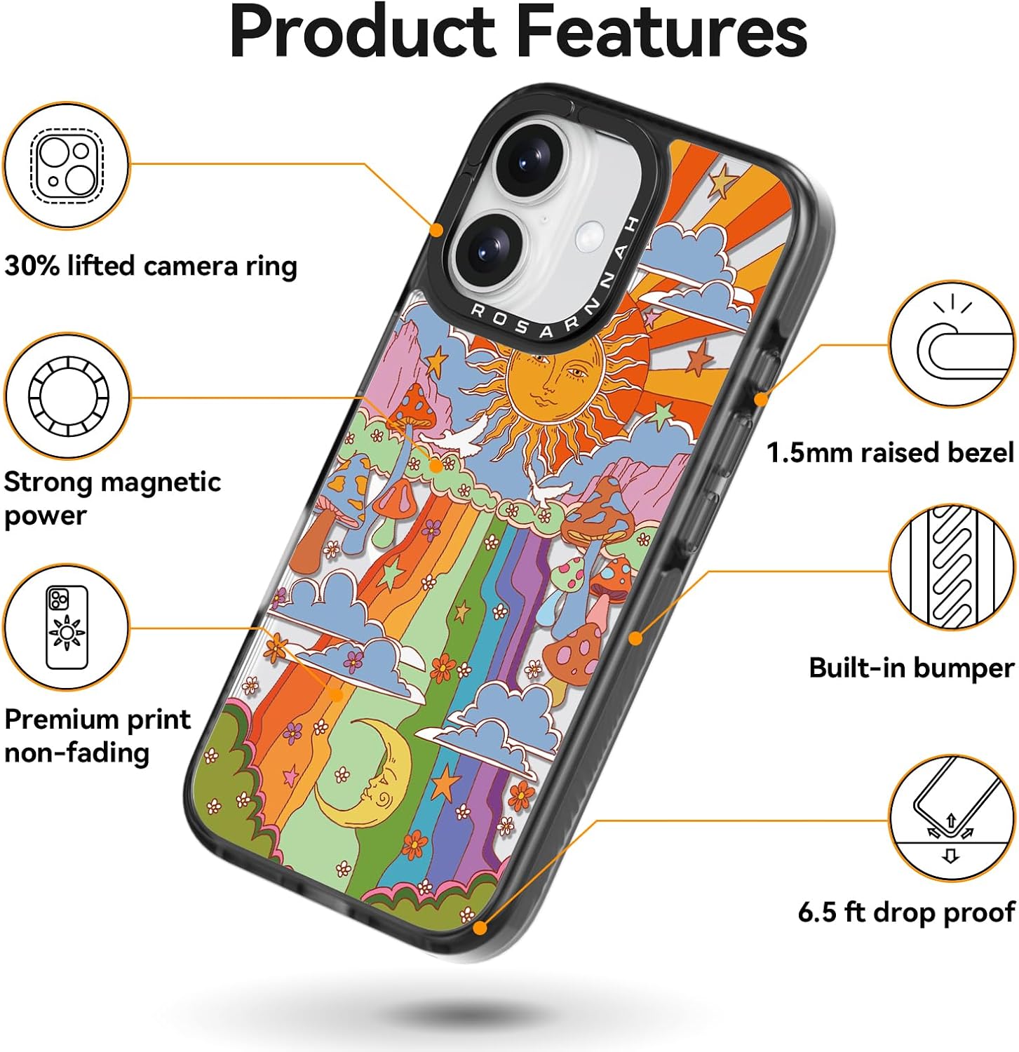 Rosarnnah Magnetic for iPhone 16 Magsafe Case Cute - Durable Shockproof 6.6 ft Drop Impact Phone Case - Black Funny Mushroom Design for iPhone 16 6.1"