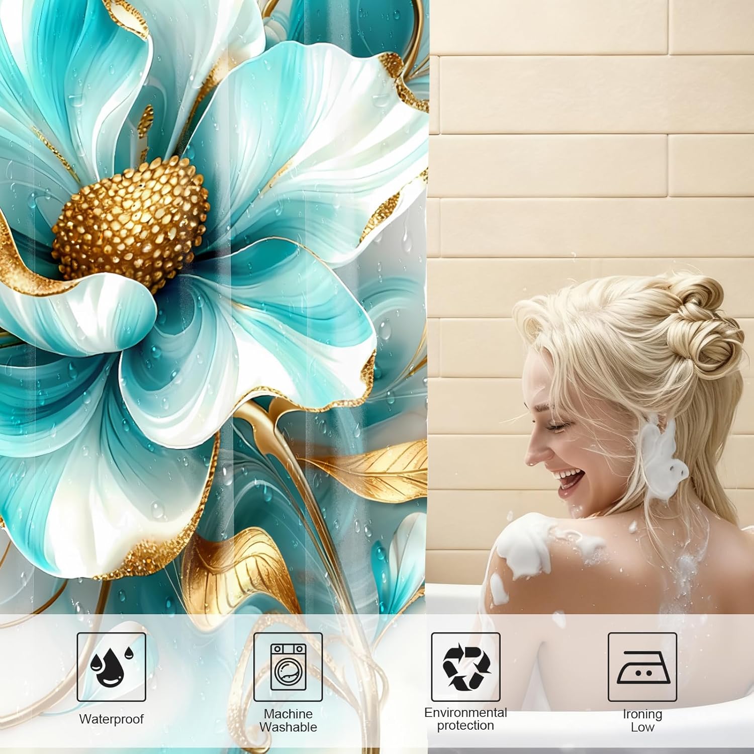 AZHM 3D Floral Shower Curtains for Bathroom Modern Marble Flower 4 Piece Shower Curtain Sets with Rugs Gold and Blue Bathroom Decor Sets and Accessories and 12 Hooks