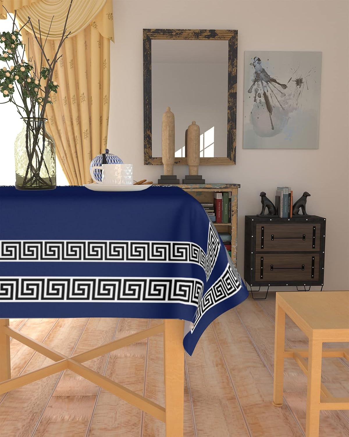 Tablecloth Geometric Greek Key Design Waterproof Oil-Proof Table Cloth Navy Blue Kitchen Spillproof Tablecloths Table Cover for Indoor and Outdoor Use 60x102in