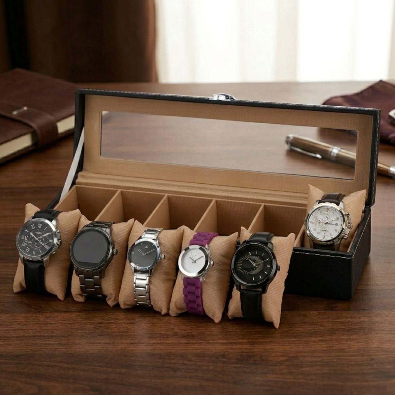 MudraKosh Men Women 6 Slots Watch Box case organizer Leatherette