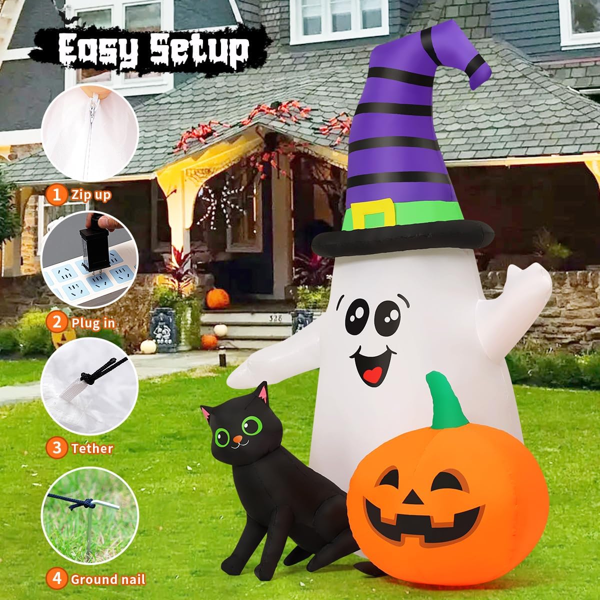 GOOSH 5 FT Halloween Inflatables Ghost Outdoor Decorations Blow Up Yard Cute Wizard Ghost with Pumpkin Black Cat with Built-in LEDs for Garden Lawn Indoor Party Decor