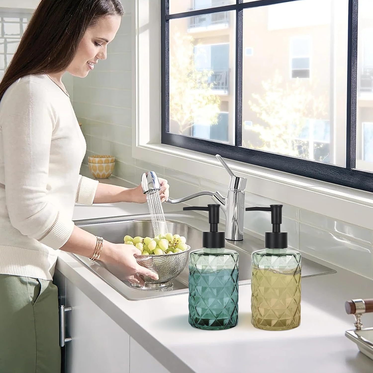 Green Glass Soap Dispenser Set for Bathroom, 11oz. Glass Soap Bottles with Plastic Pump, Kitchen Dish Soap Dispenser Set, Hand-Pump Dispenser for Shampoo, Lotion, Essential Oil (4Pcs)