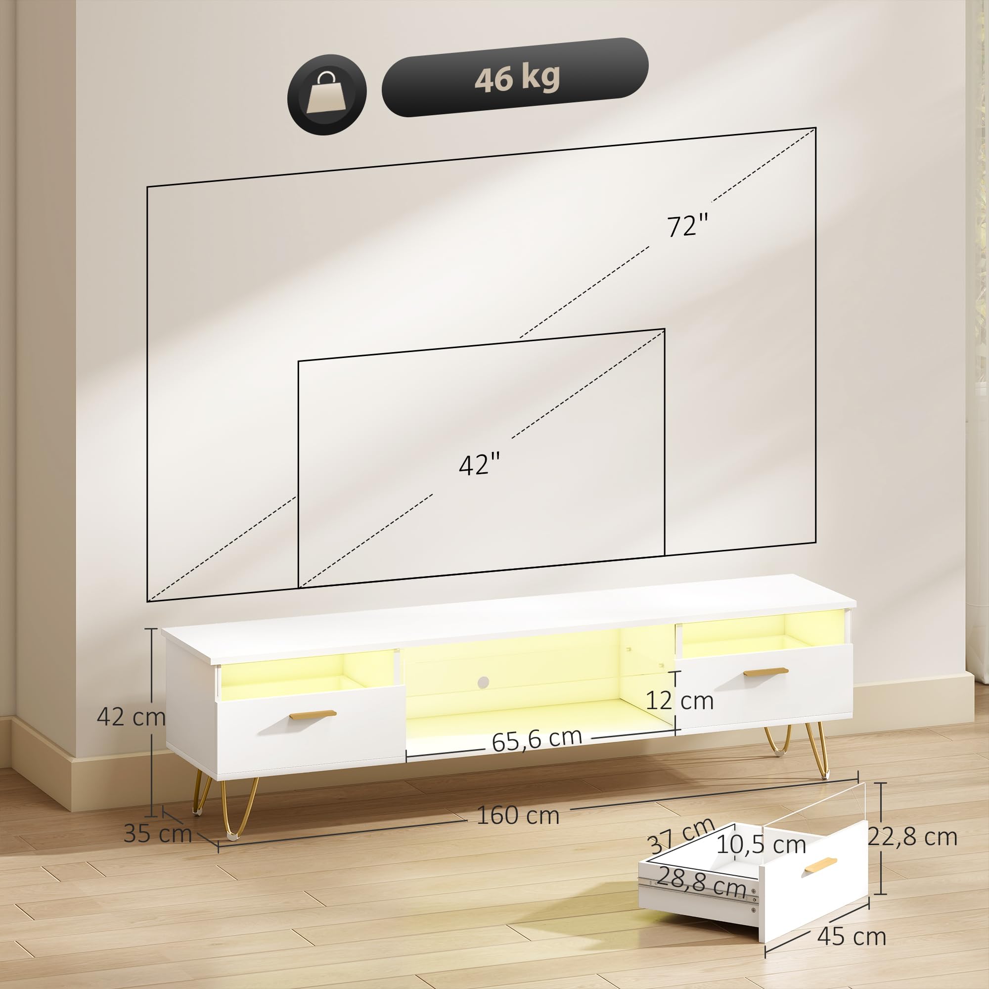 HOMCOM Meuble TV LED RGB 16 Couleurs 42 à 120 Pouces 160x35x42cm Blanc