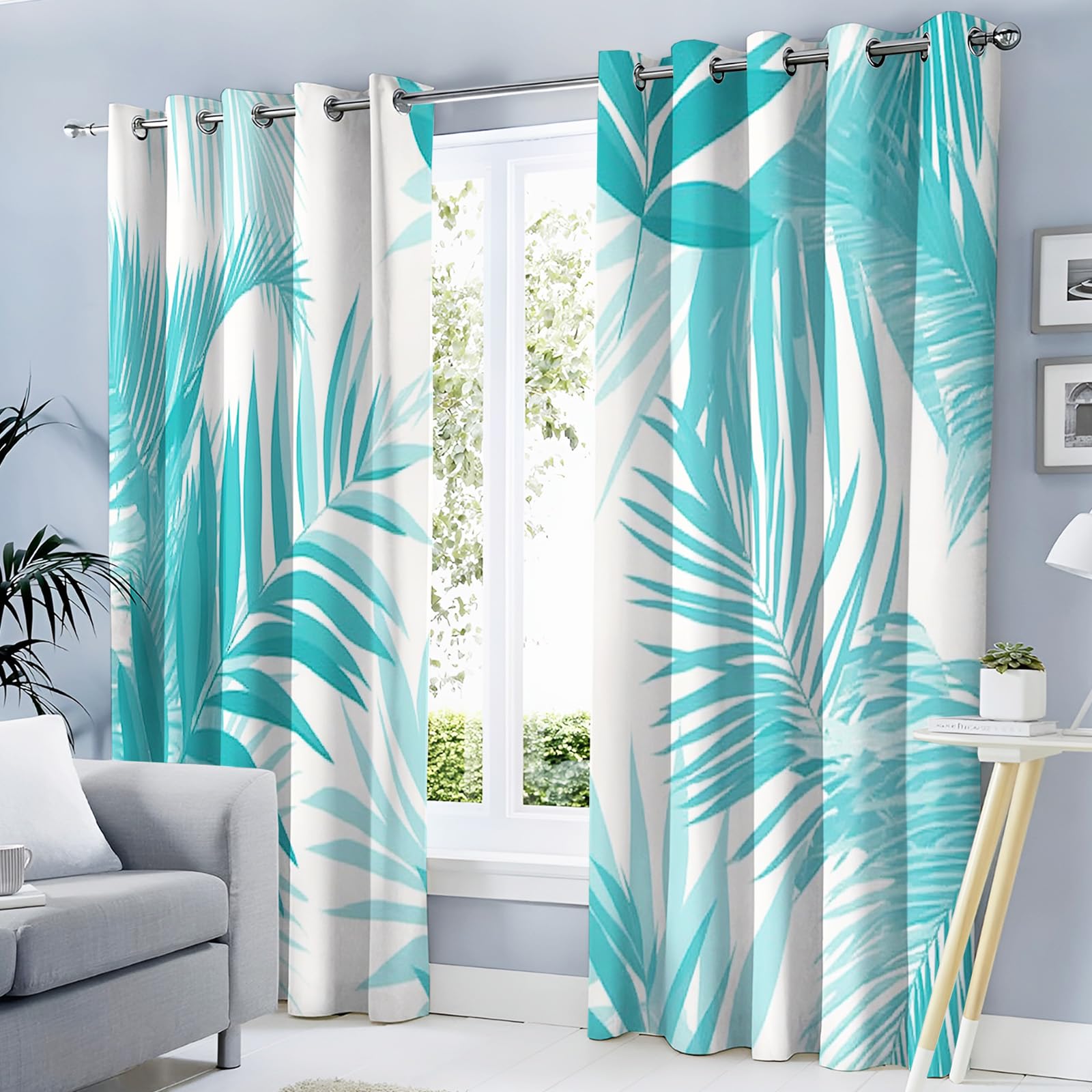 Rideau à oeillets motif feuille palmier bleu pour une ambiance de chambre apaisante