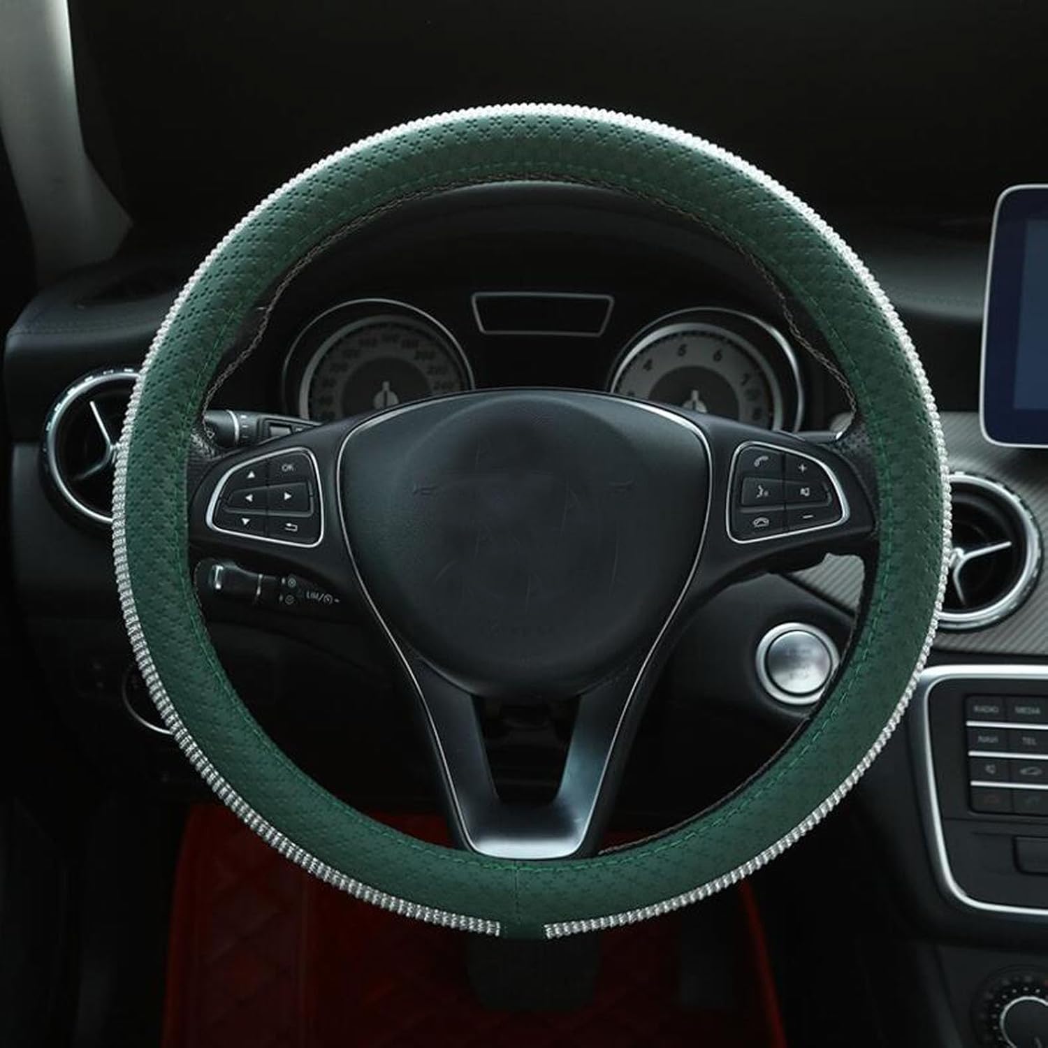 D-CC Bling Diamonds Steering Wheel Cover for Women Sparkling Breathable Anti-Slip Universal 15 Inch Car Wheel Protector (Green)