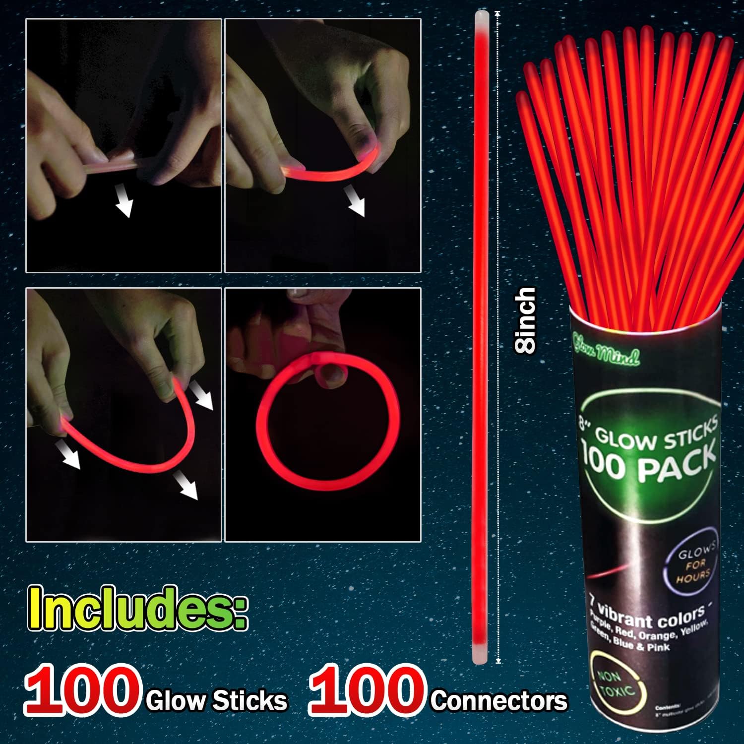 100 Red Glow Sticks Bracelet Necklaces Bulk Glow In The Dark Party 8 inch Light Stick with 100 Connectors for Valentine's Day 4th of July Christmas Party Favors