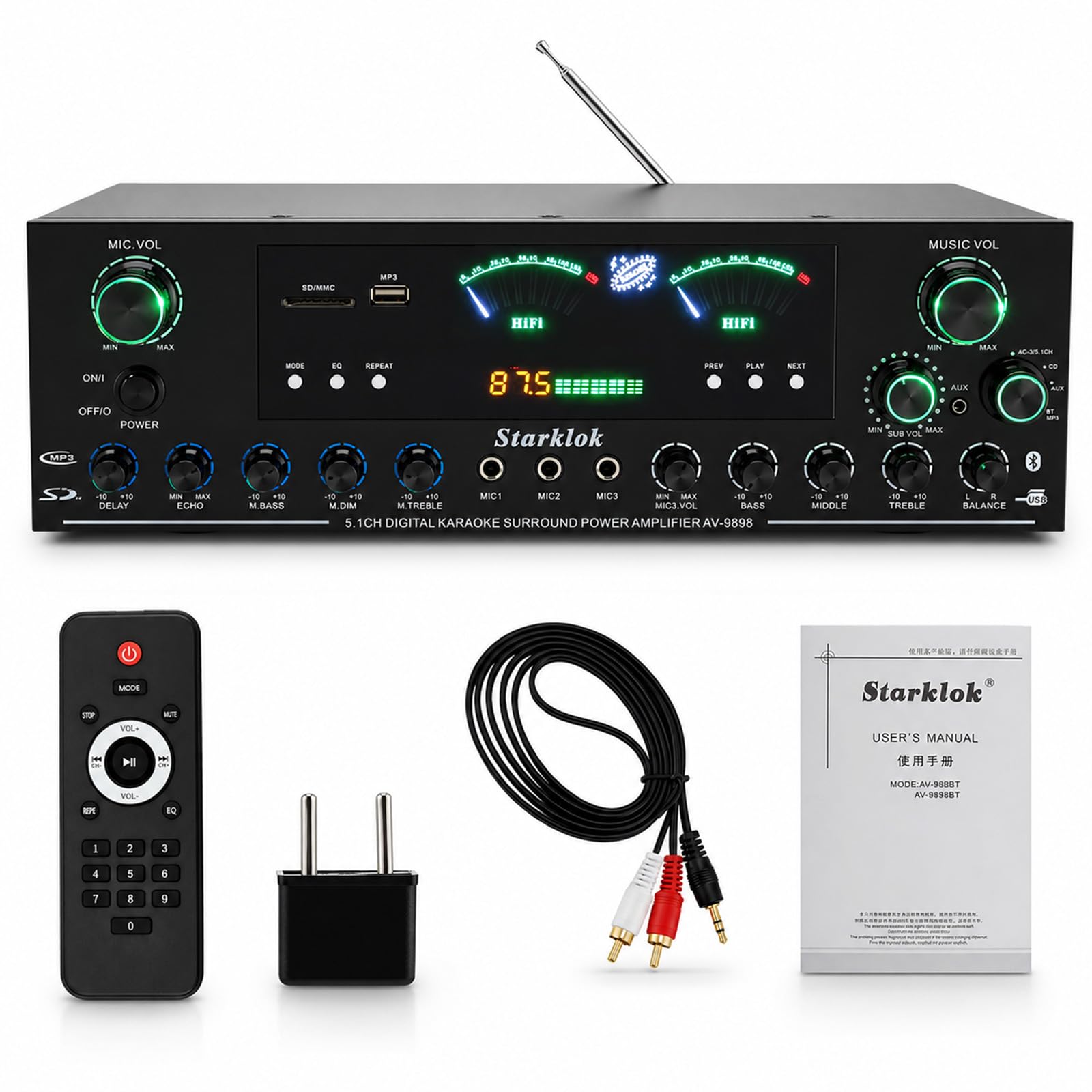 Bluetooth Verstärker 3000W Spitzenleistung – Hifi Verstärker 5.1 Kanal Heimkino, Stereo Verstärker mit Bluetooth 5.0, USB SD, 3x Mikrofon, Fernbedienung, Subwoofer Ausgang