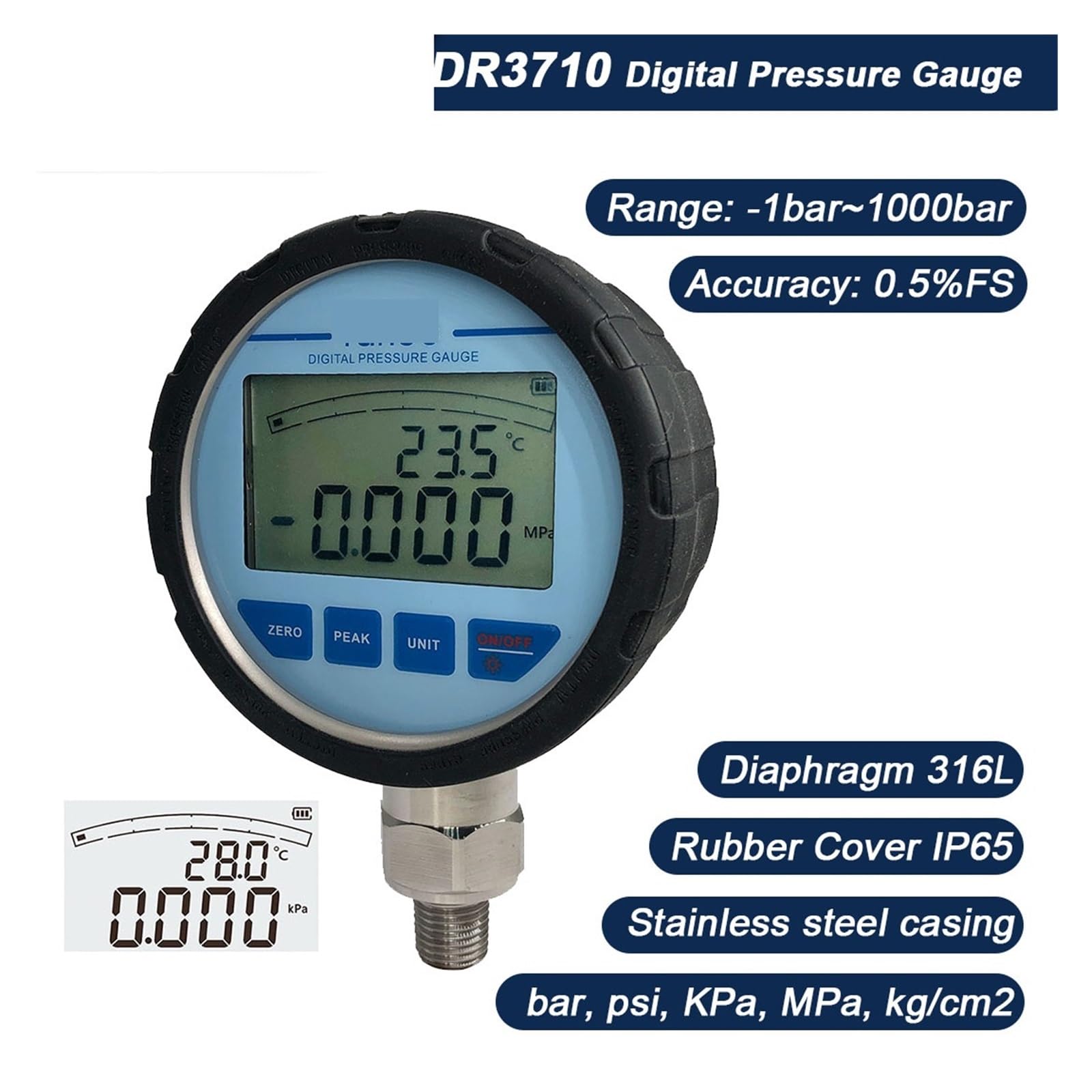 Edelstahl-Manometer, 80-mm-Membran, digitales Luft-Öldruck-Flüssigkeitsmanometer, Genauigkeit 0,5% FS(0-16MPa)