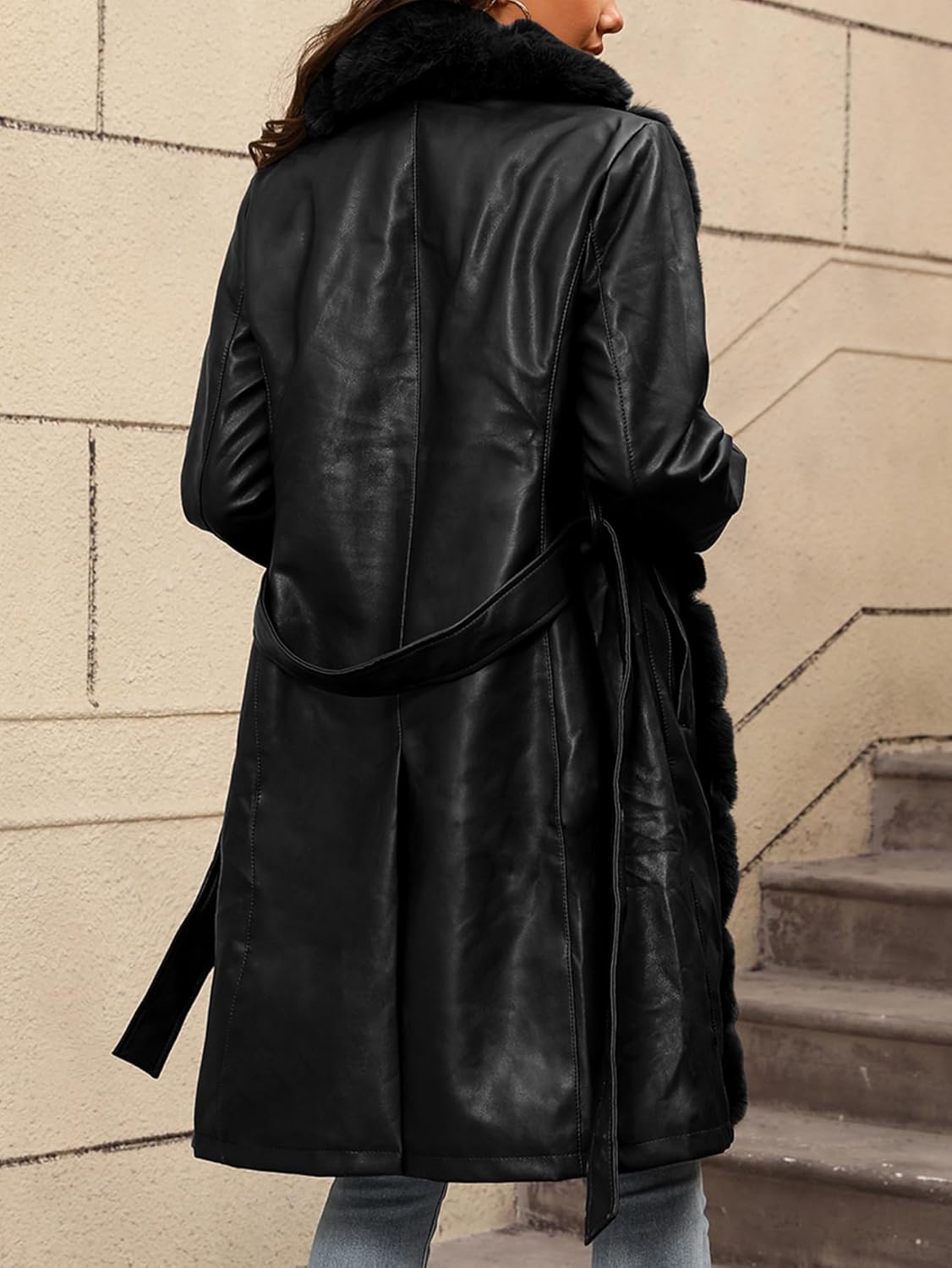 Bellivera Women Faux Leather Winter Trendy Puffer Jacket Water-resistant Thicken Bubble Coat with Fur Collar and Belt - Image 2