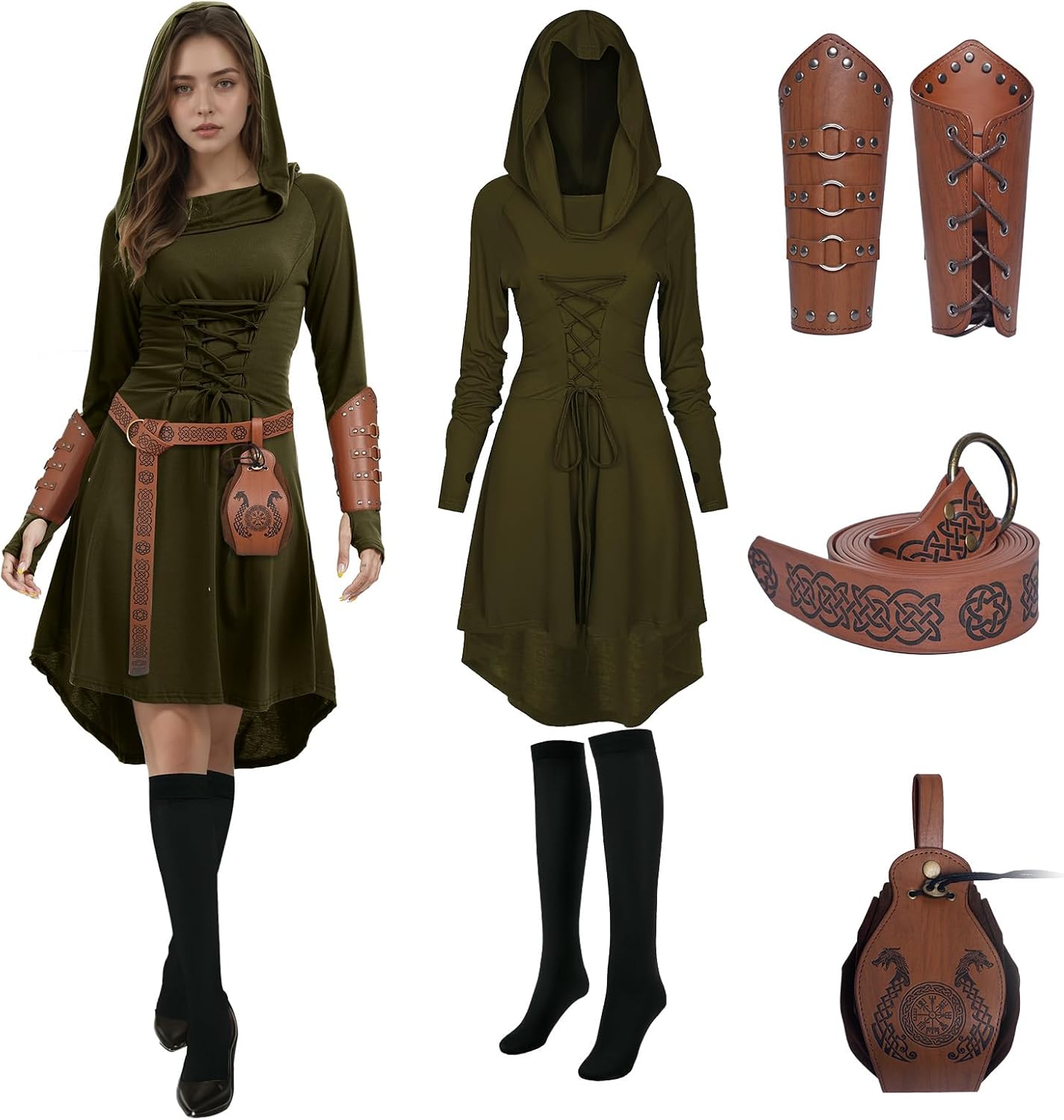 5 Pcs Renaissance Women Costume Medieval Hooded skirt Vintage Arm Guard Printed Belt and Waist bag