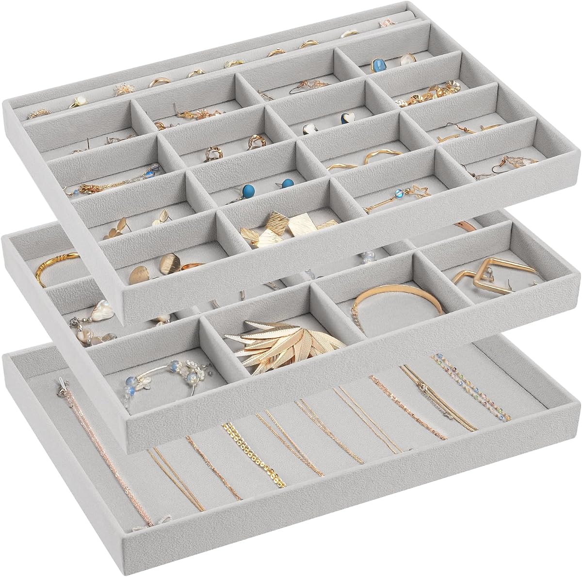 ProCase Organizador de cajones de joyería grande apilable, paquete de 3 bandejas organizadoras de joyas de terciopelo con divisores extraíbles para pendientes, collares, pulseras, gris