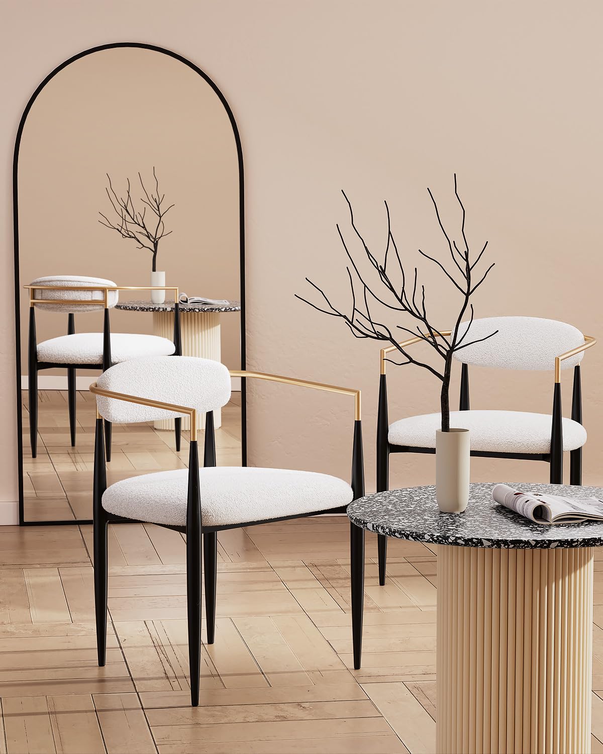 Morden Fort Modern Boucle Dining Chair, White Armchair Set of 2, Luxury Upholstered Metal Curved Backrest Chairs for Kitchen, Reception Room, Living Room, Bedroom, Restaurant, Café