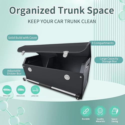 Miniatura 7 de XCF - Organizador de maletero de automóvil, organizador de maletero de cuero plegable duradero con tapa y asa resistente, compartimentos de