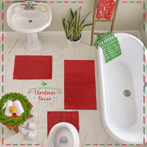 Miniatura 8 de LuxUrux Juego de alfombras de baño rojas - Alfombra de baño de felpa extrasuave para ducha, material de microfibra de felpilla de 1'', súper