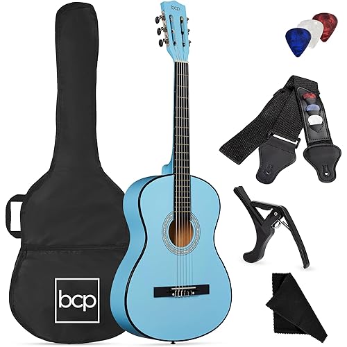Best Choice Products 38in Beginner All Wood Acoustic Guitar Starter Kit w/Gig Bag, 6 Celluloid Picks, Nylon Strings, Capo, Cloth, Strap w/Pick Holder - Light Blue