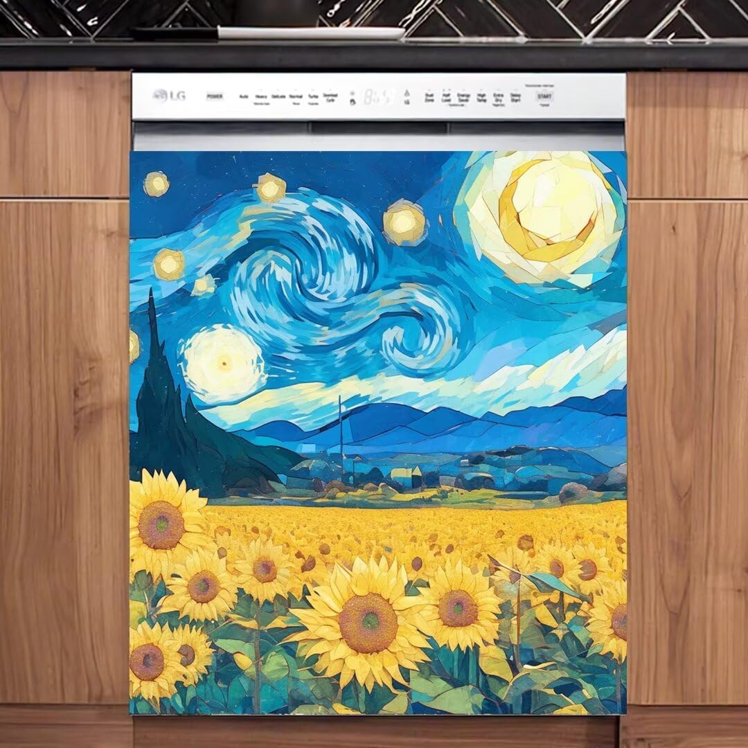 Farmhouse Sunflower Magnet Dishwasher Door Cover Panel Decal, Starry Night Painting Magnetic Fridge Vinyl Door Cover, Country Flower Home Decorative Refrigerator Cover - Magnetic 23" x 26"