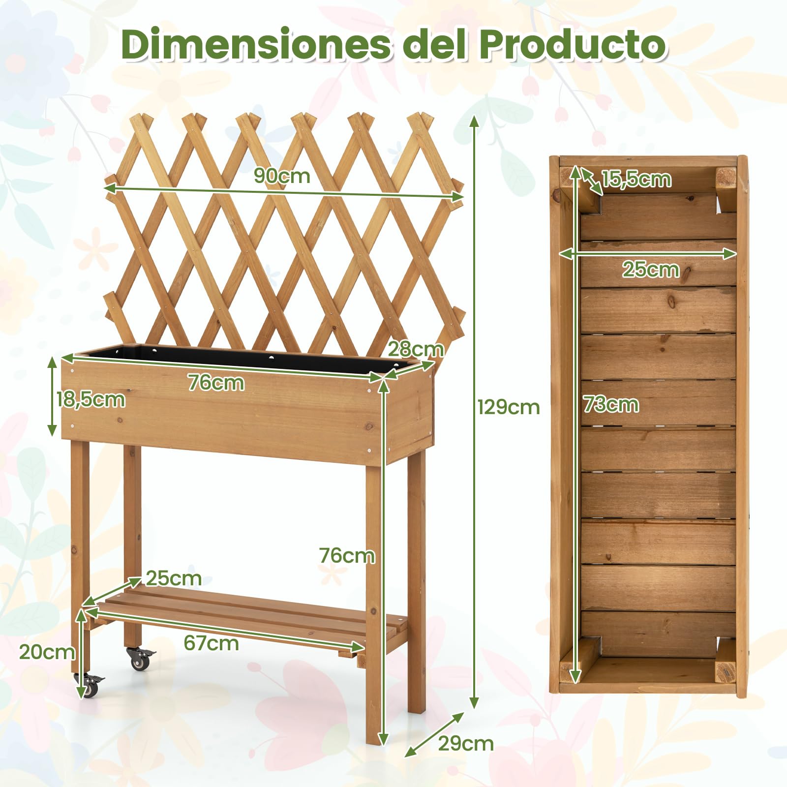COSTWAY Huerto Urbano Elevado de Madera con Enrejado, Cama de Jardín Elevado Móvil con Ruedas Bloqueables, Forro de Tela, Jardinera de Plantas para Interiores y Exteriores, 90 x 29 x 129 cm