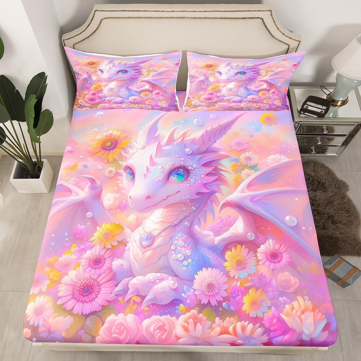 Manfei Dragon Kids Fitted Sheet Twin Size, Pink Yellow Flower Bedding Set for Girls Women Room Decor, Fairy Tale Animal Bed Cover with 1 Pillowcase, Soft Polyester Bedding, No Top Sheet