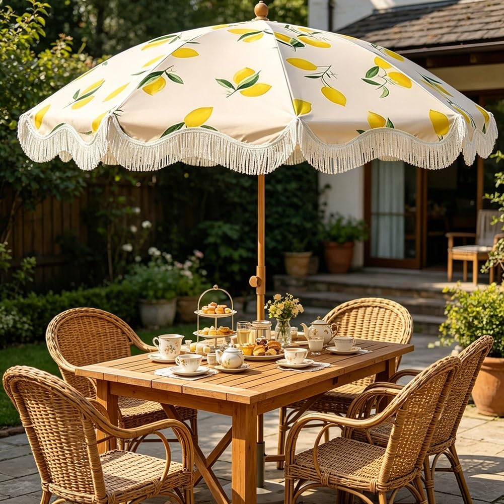 Sombrilla de Jardín de 200 Cm, Inclinable y con Borlas; Sombrilla de Playa con Estampado de Limones, Protección UPF 50+, para Patio o Piscina