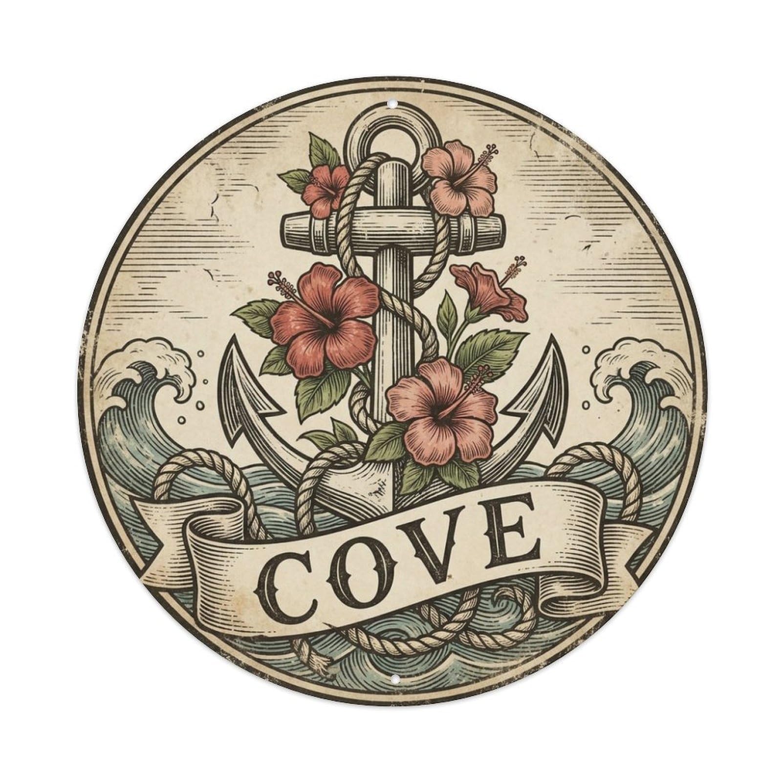 Cove Hibiscus Anchor Maritime Emblem Seafaring Metal Tin Sign