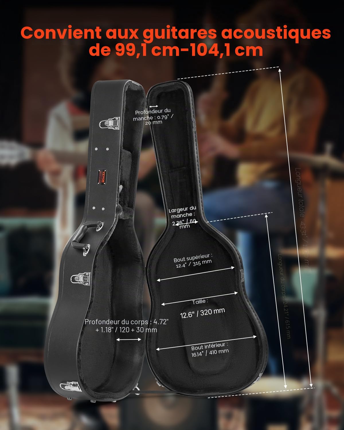 VEVOR Étui Guitare Acoustique Rigide Forme Gourde 1100 mm avec Verrouillage Clés, Poignée, Rembourrage PVC, Doublure Souple, Résistants à l'Eau, pour Guitares Acoustiques de 39-41 po 99-104 cm, Noir