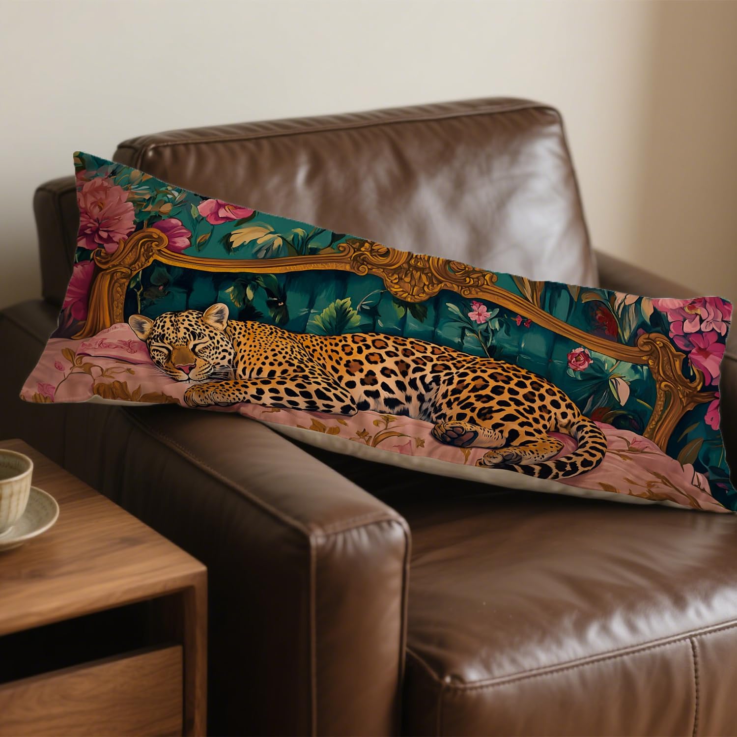 Vintage Leopard Floral 20x54 Body Pillow Cover, Cheetah Room Decor, Trendy Retro Sleepy Leopard Pink Flowers Decorative Long Body Pillow Cases for Bed Couch