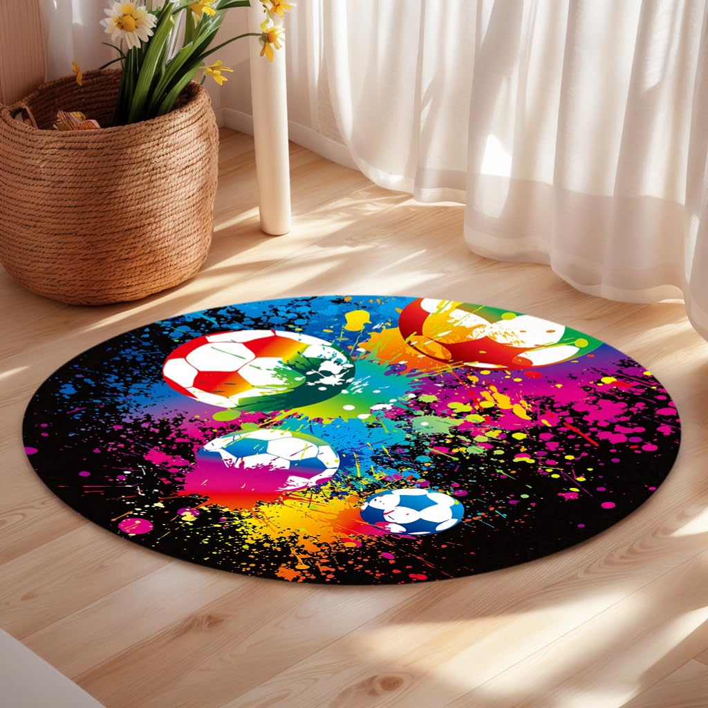 Runder Fußball-Teppich, 120 cm, rutschfeste Mikrofaser, für Schlafzimmer, Wohnzimmer, Arbeitszimmer, Nachttisch, Kinderzimmer, Bodenmatte, Teppich, Heimdekoration, 120 cm