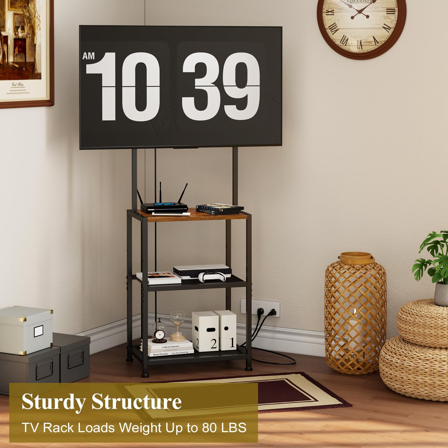 14 Inch to 42 Inch Small Corner TV Stand for Bedroom With 3 Tiers Storage Shelves, Floor Universal Television Stand With Mount For 40 Inch 32 Inch TV,Brown TV Table Shelf With Adjustable Feet, Sturdy