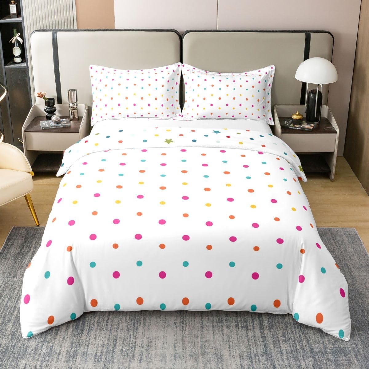 jejeloiu Polka Dot Duvet Cover 100% Cotton Full Size Set Boys Girls Colorful Dots White Modern Pattern Comforter Cover Luxury Microfiber Bedspread Cover Decor 3Pcs Bedding with 2 Pillowcase Full