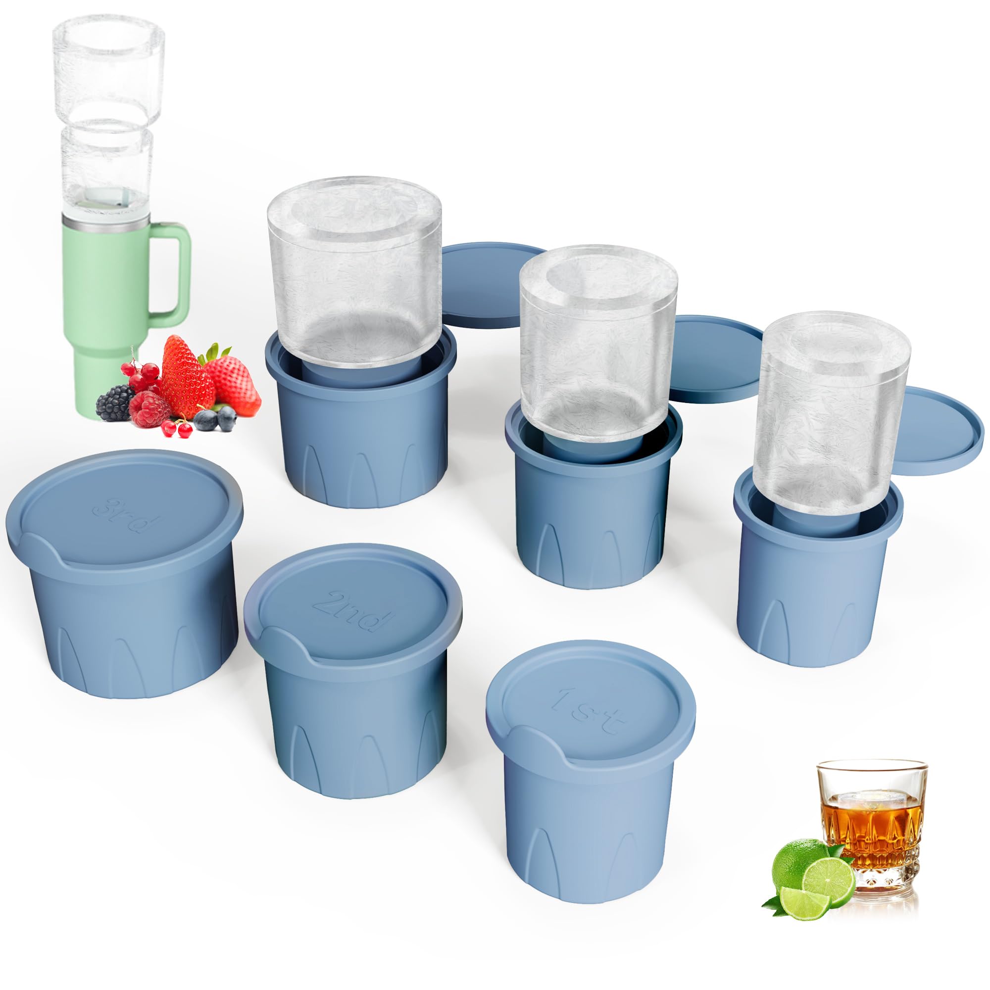 AIMI Ice Cube Tray for Tumbler, 3 Pack Silicone Hollow Cylinder Ice Mold with Lid for Freezer, Ice Drink, Coffee,Juice, Whiskey, Cocktail, Compatible with 30-40 oz Tumbler Cup, Blue