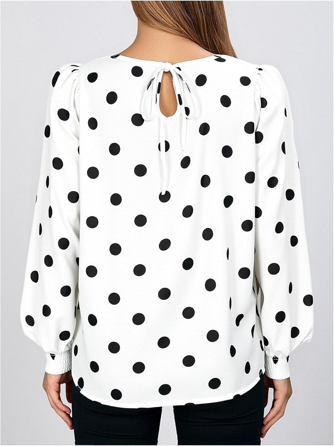 Women's Vintage Polka Dots Puff Sleeve Tops Fall Dressy Casual Crew Neck Evening Blouses - Image 2