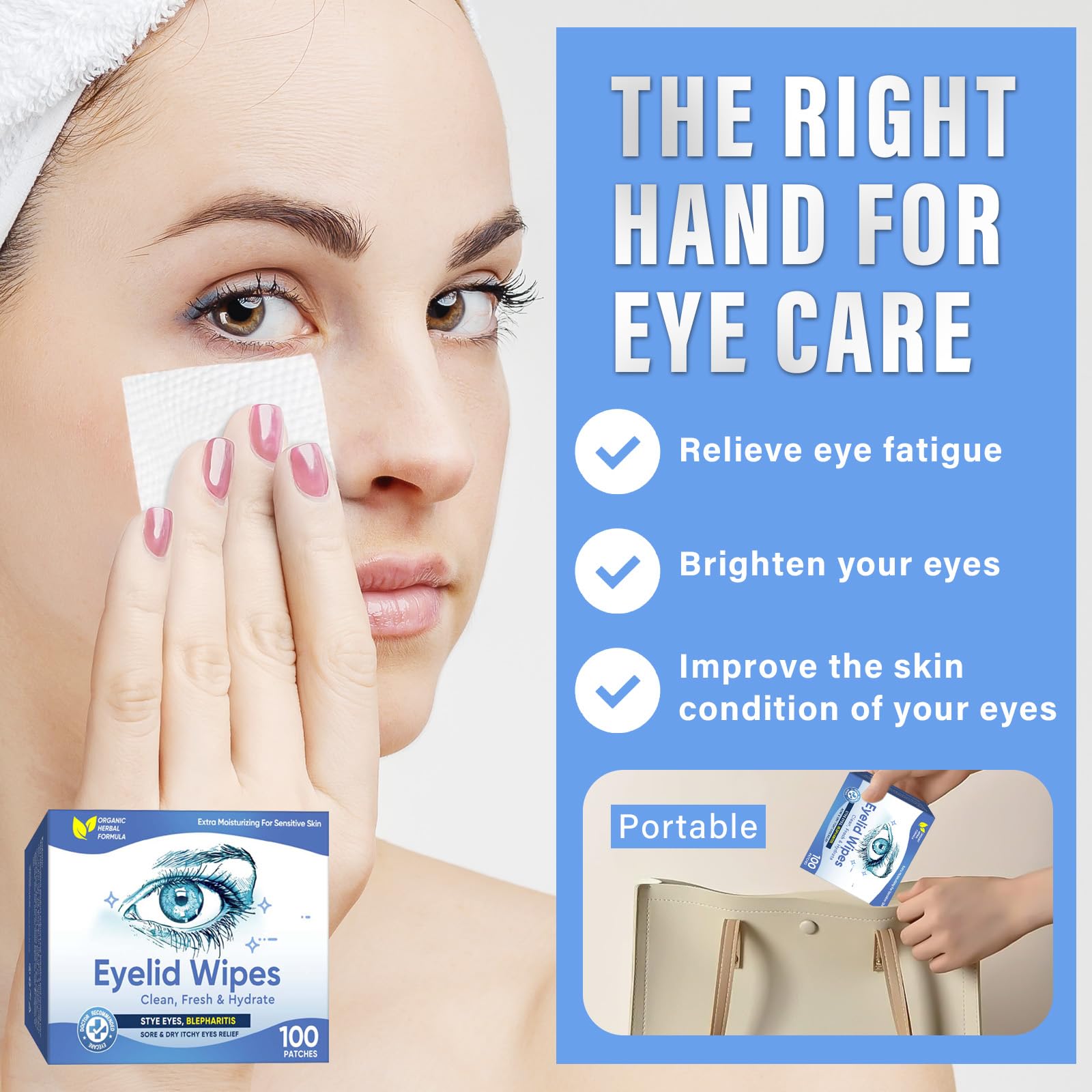 Lot de 100 lingettes pour paupières - Traitement des yeux - Traitement de la blépharite, des yeux secs, démangeaisons et nettoyage des yeux - Doux et apaisant