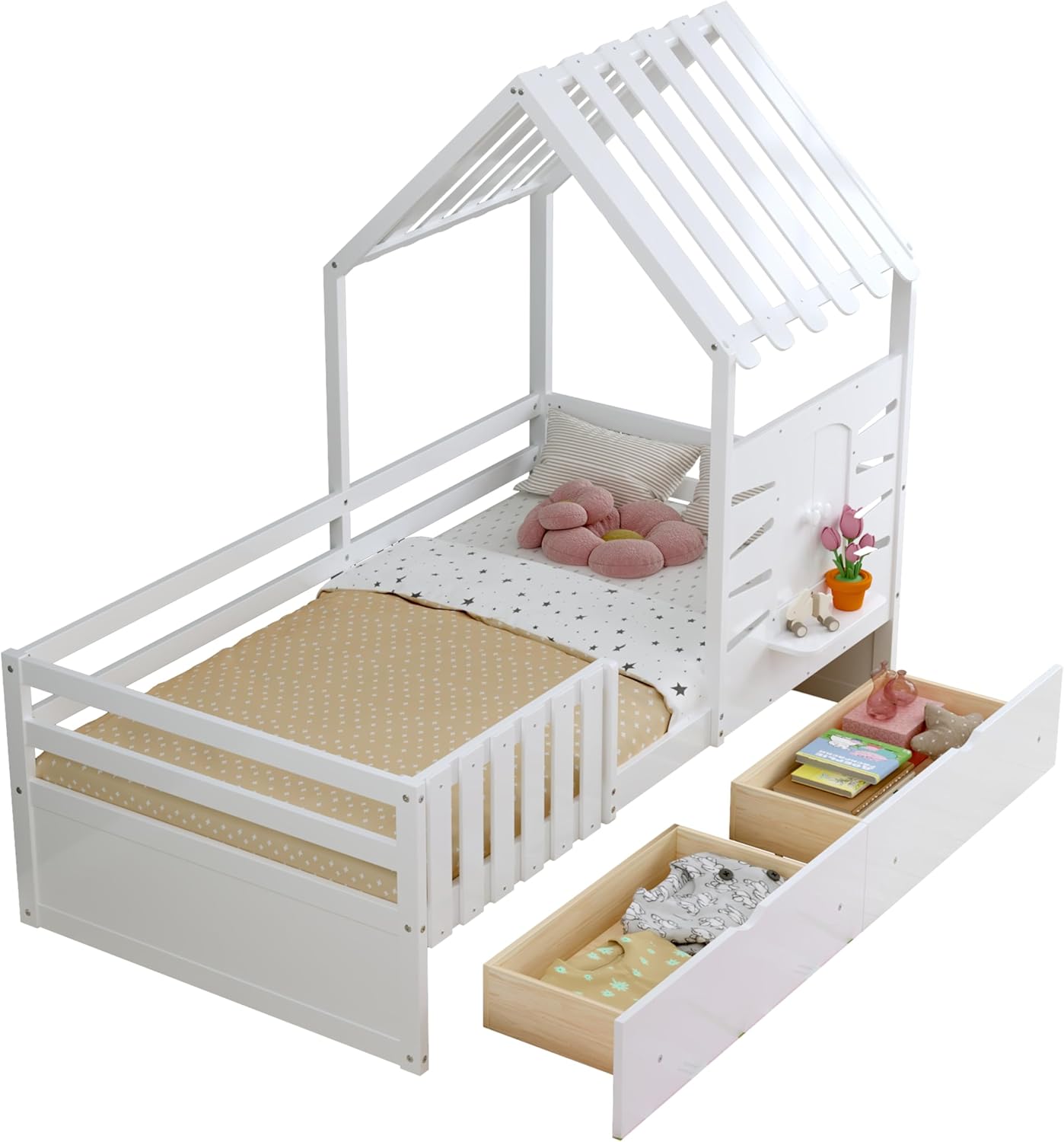 KE'VERSO Twin Size House Bed with 2 Storage Drawers and Guardrails, Wooden Twin Size Bed Frame, Montessori Playhouse Beds with Roof and Window for Girls & Boys, No Box Spring Required, White