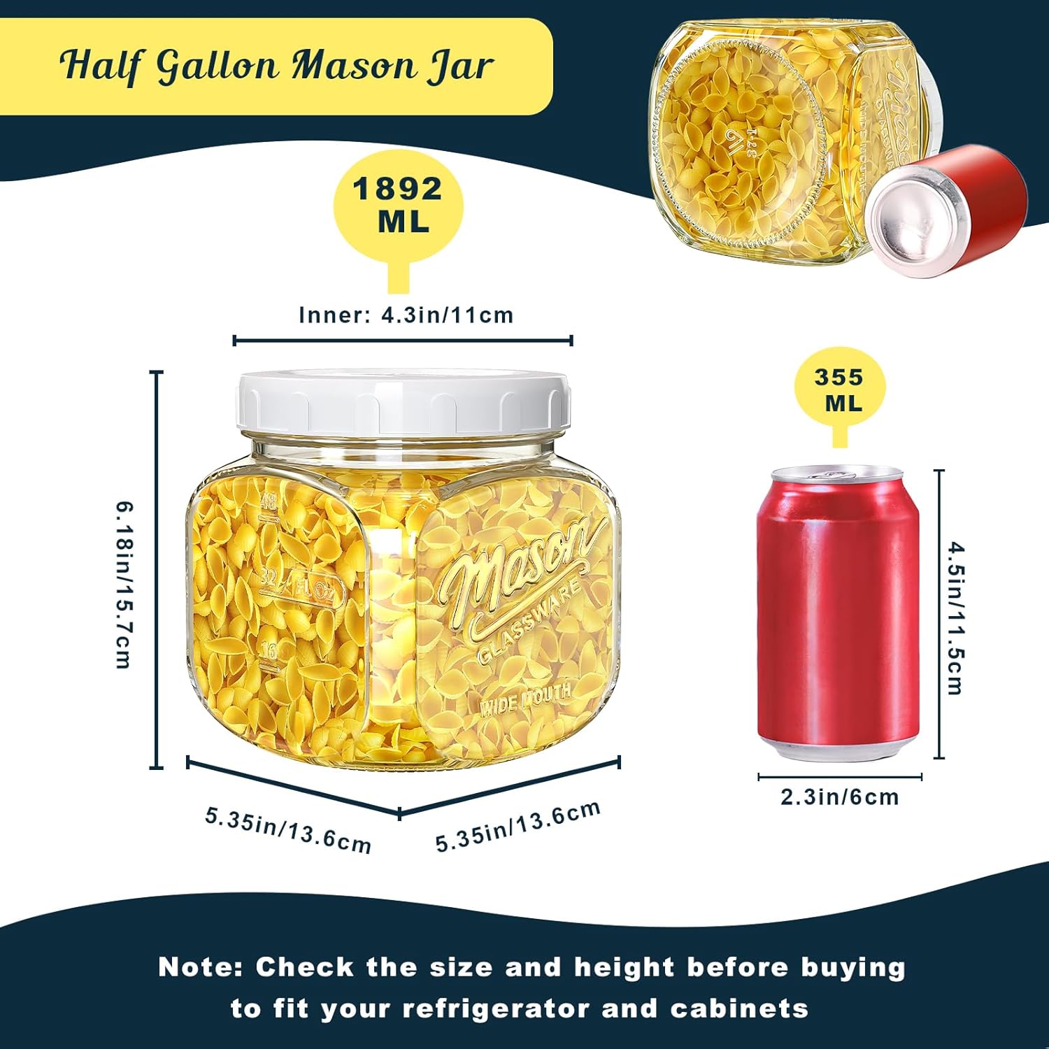 2 Pack Glass Cookie Jar with Airtight Lid, Half Gallon Mason Jar Wide Mouth for Food Storage, Flour, Sugar, Pasta, Sourdough - Square Glass Storage Containers with Marks, 64 Oz Canning Jars