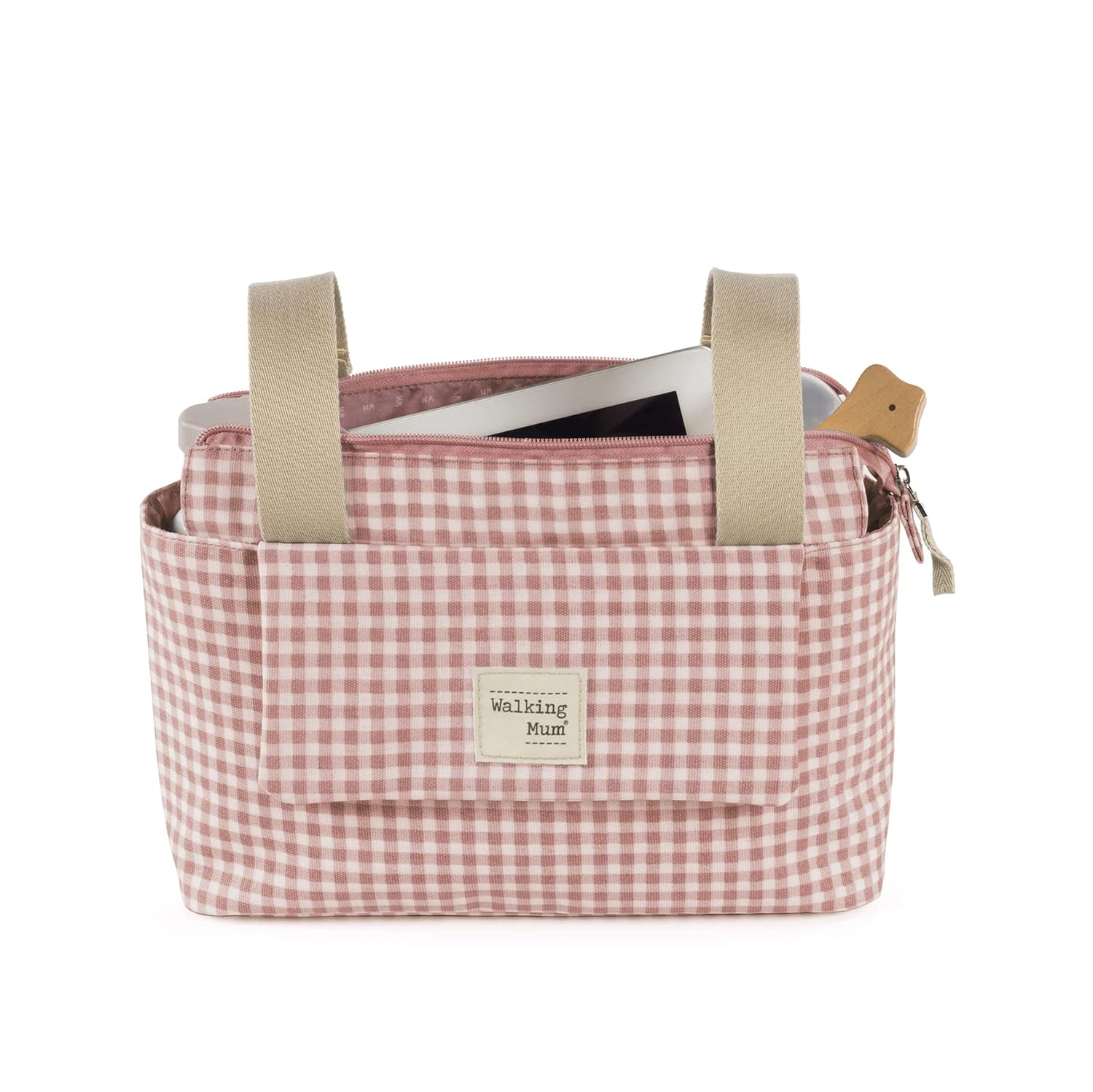 Walking Mum. I Love Vichy Maternity Stroller Organiser Bag with Short Handles to Attach to The Pram Pink 31 x 17 x 12 cm