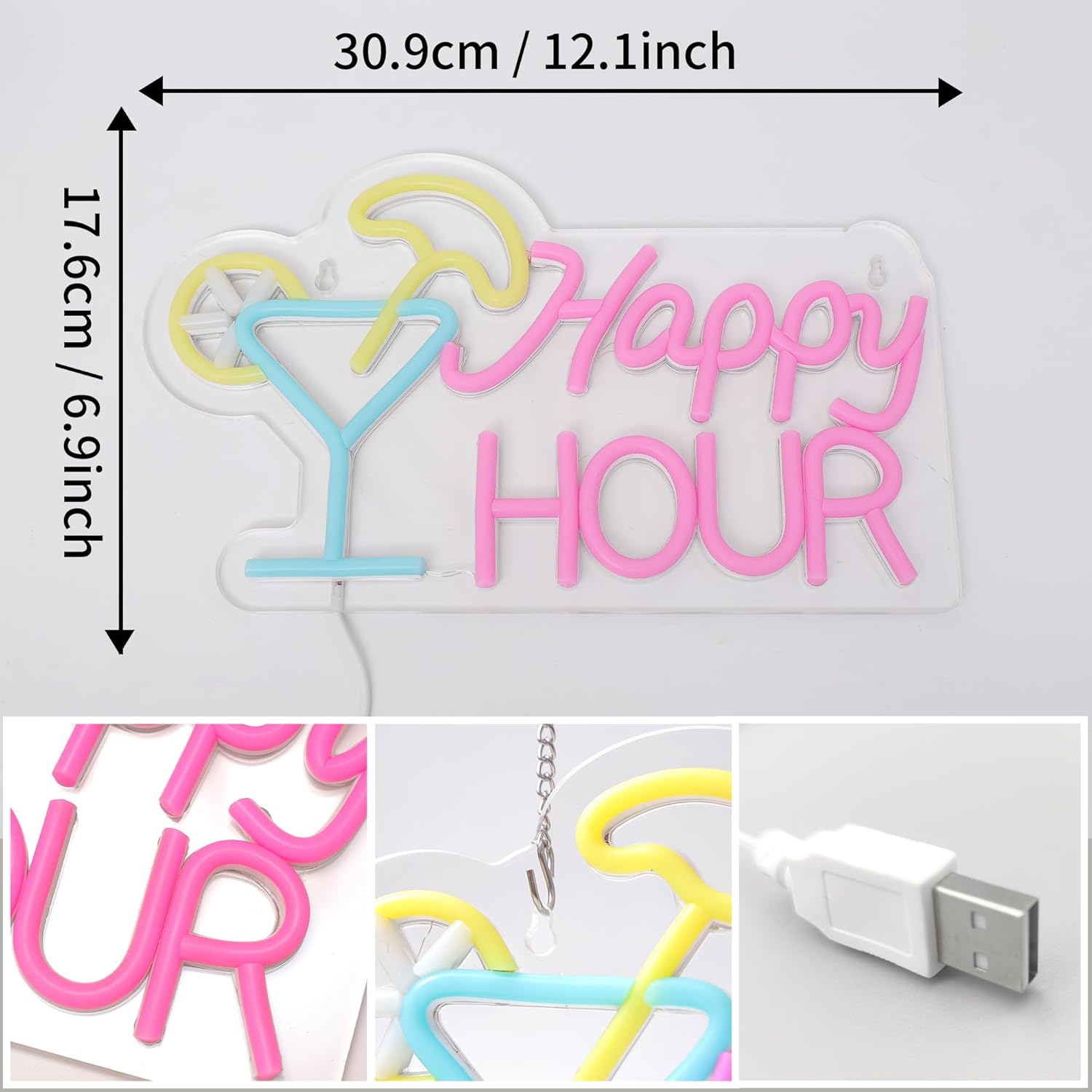 Attivolife Cocktail Happy Hour Neon Sign, Bright LED Lights with USB Powered, Light up Wall Decor for Bedroom, Man Cave, Unique Business Lamp for Club, Store, Party, Bistro, Birthday Christmas Gifts - Image 7