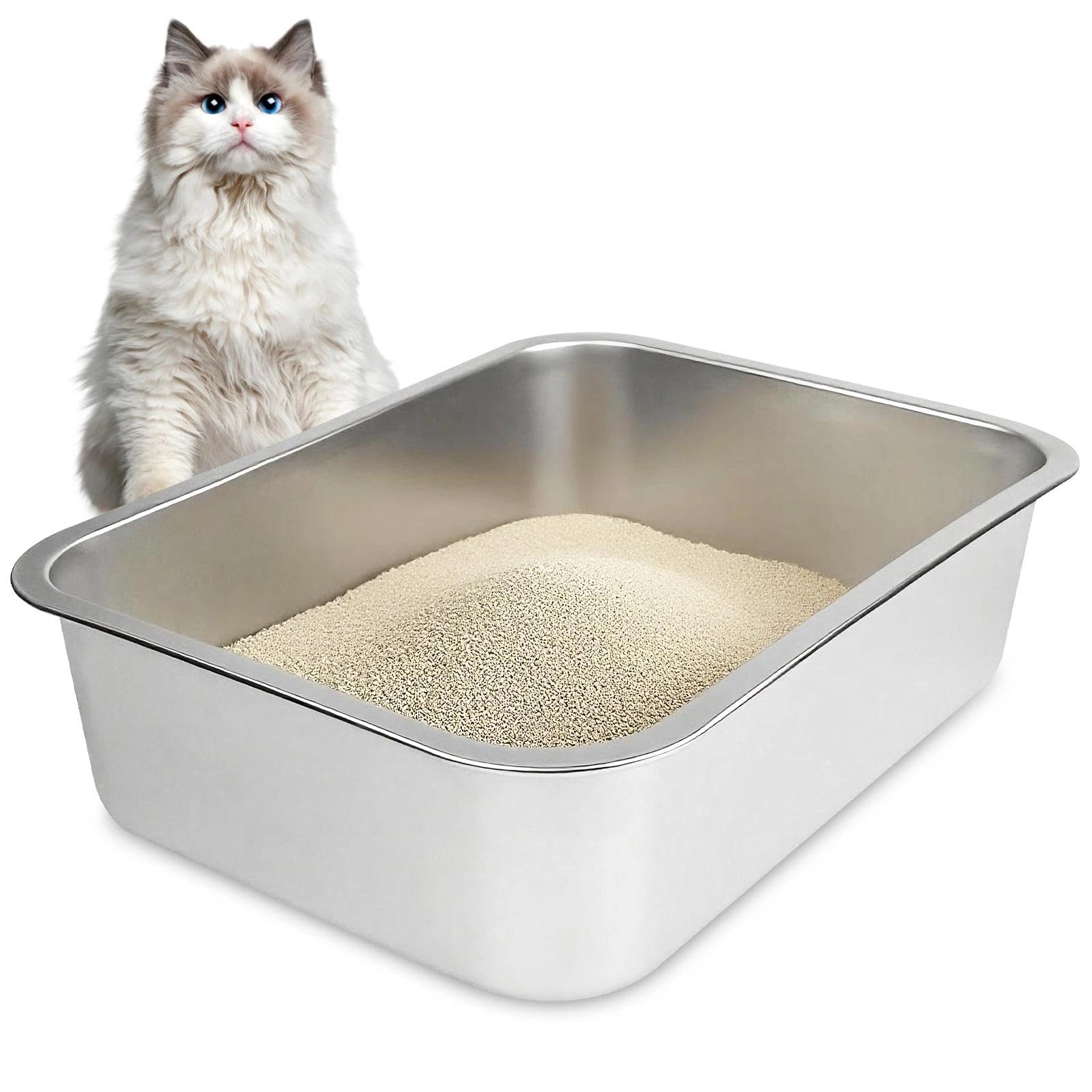 Arenero Gatos, Acero Inoxidable, Caja de Arena Metalico para Gato para Gatos, Conejos y Otros Animales Pequeños(39.5 x 29.5 x 10CM)