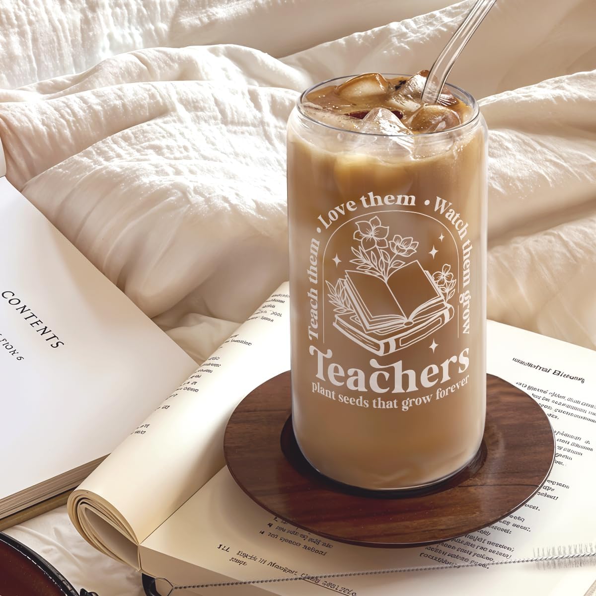 SANDJEST Teacher Glass Can, Teachers Plant Seeds That Grow Forever Cup with Lid & Straw, Coffee Aesthetic Cups, Gift for Christmas Teacher Appreciation, Gifts for Women, 16oz image 4