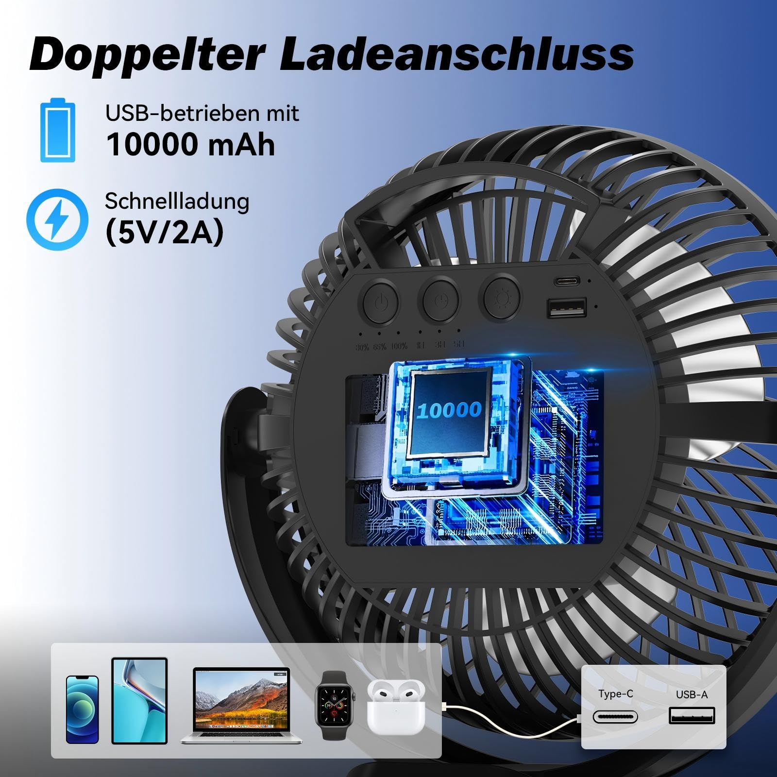 Ateroll 10000mAh Clip Ventilator mit Fernbedienung, 20CM 3 Geschwindigkeiten USB Akku Timer LED 360° drehbar Tischventilator
