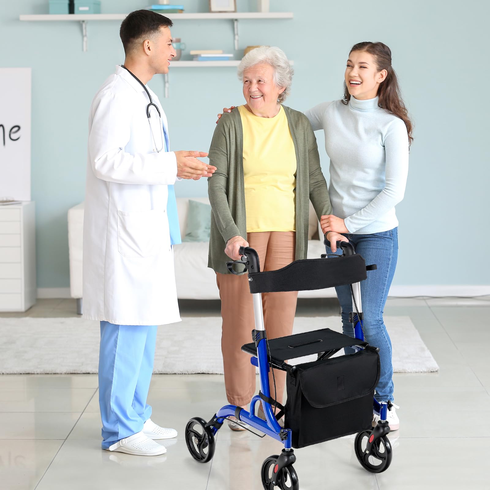 COSTWAY 2 en 1 Andador para Ancianos con Asiento, Andador Rodante Plegable con Ruedas de 20 cm, Aleación de Aluminio, Manijas Ajustables, Sistema de Doble Freno, Bolsa de Almacenamiento (Azul)