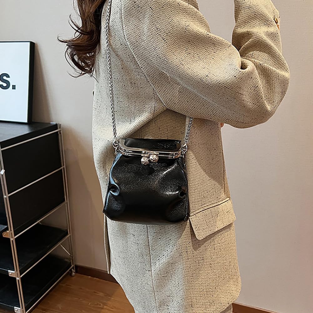 Women’s Kiss Lock Shoulder Bag, Leather Bucket Shaped Holder Pocket Crossbody Bag, Mini Lightweight Cell Phone Satchel Pouch - Image 4