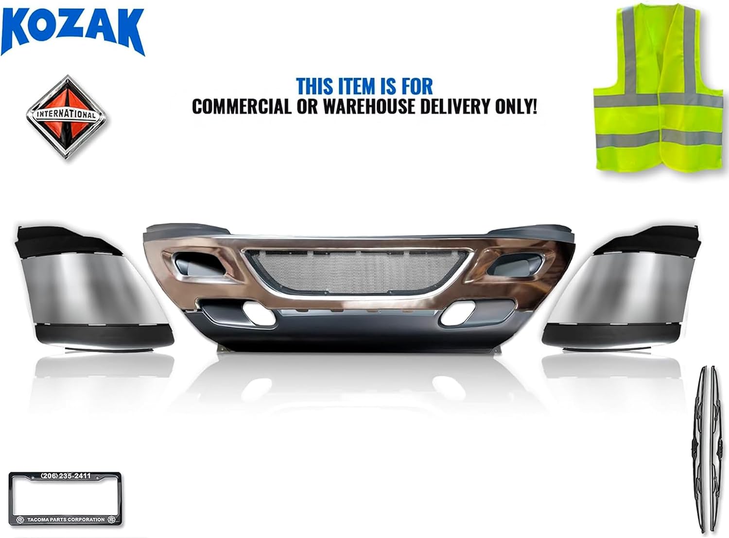 KOZAK PLASTIC Bumper SET wiht Chrome Trim: Center Cover & Corner Extension PAIR (Left and Right Side) Compatible with International Prostar 2008-2015 PLUS Logo, Wipers, License Plate Frame and Vest