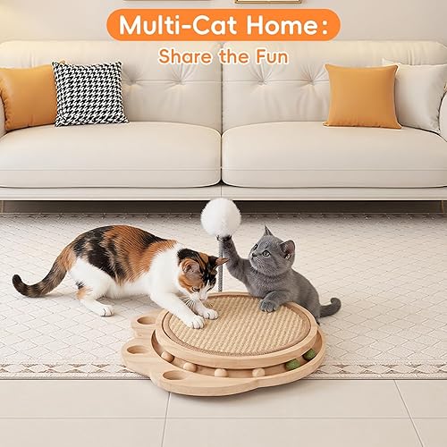 Miniatura 7 de Tabla rascador para gatos, rascador 3 en 1 para gatos y centro de actividades con almohadilla rascador de sisal, pista de bolas y juguete de