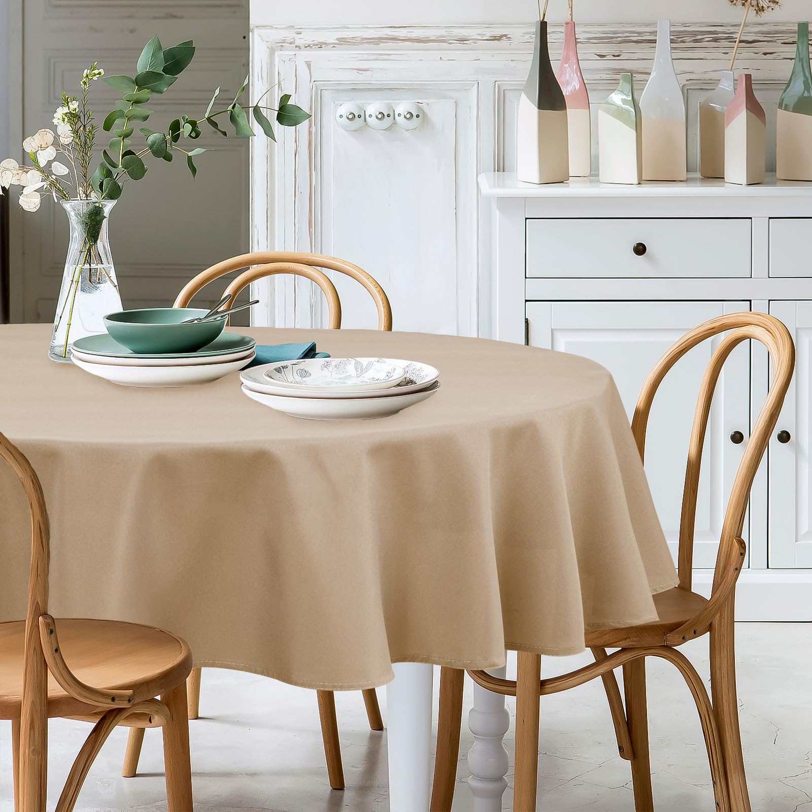 XWZO Round Tablecloth 70 Inch Polyester Folding Table Cloth, Round Table Cover Waterproof Wipe Clean Spillproof for Kitchen Dining Wedding Outdoor Picnic Buffet Party, Taupe